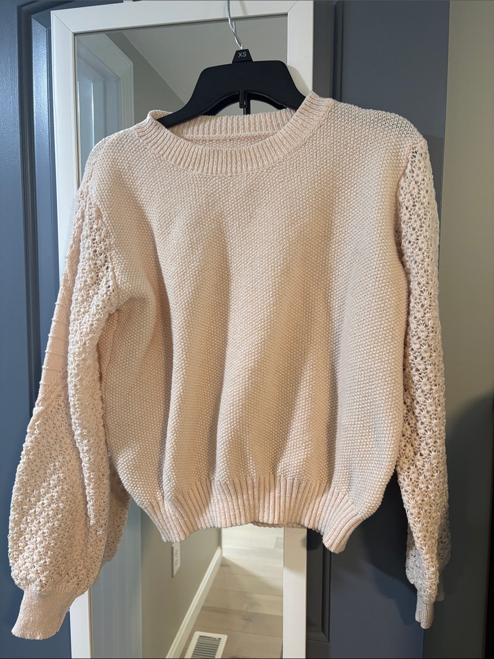 Cozy Open-Stitch Sleeve Crewneck Sweater in Light Cream